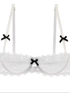White Lace Underwire Bra with Black Bow Accents